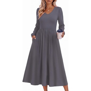 Zeagoo Long Sleeve Midi Dress with Pockets Fall V Neck A-Line Casual Women(Dark Grey)