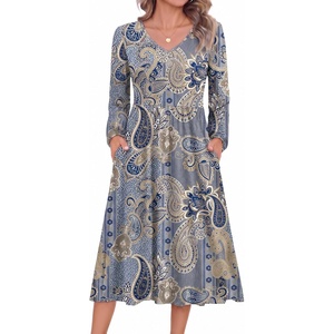 Zeagoo Long Sleeve Midi Dress with Pockets Fall V Neck A-Line Casual Women(Ethnic Print)
