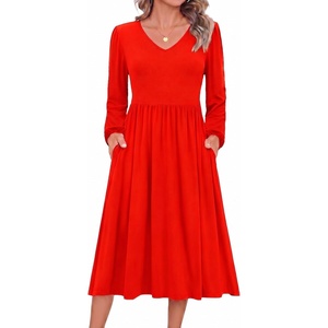 Zeagoo Long Sleeve Midi Dress with Pockets Fall V Neck A-Line Casual Women(Red)
