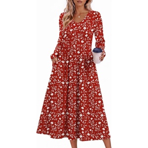 Zeagoo Long Sleeve Midi Dress with Pockets Fall V Neck A-Line Casual Women(Red Floral)