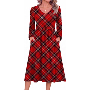 Zeagoo Long Sleeve Midi Dress with Pockets Fall V Neck A-Line Casual Women(Red Plaid)