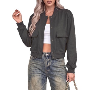 Zeagoo Women Bomber Jacket Button Down Varsity Jackets Casual Shacket(Dark Grey)