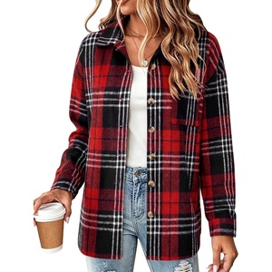 Zeagoo Women Flannel Shacket Jacket Plaid Button Down Long Sleeve Shirt(Black Red-gz902)