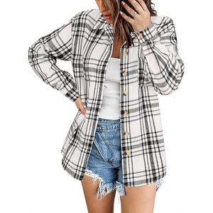 Zeagoo Women Flannel Shacket Jacket Plaid Button Down Long Sleeve Shirt(Black White 2)