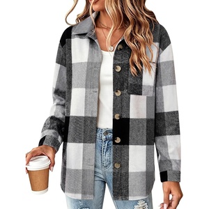 Zeagoo Women Flannel Shacket Jacket Plaid Button Down Long Sleeve Shirt(Grey Black-gw39)
