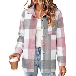 Zeagoo Women Flannel Shacket Jacket Plaid Button Down Long Sleeve Shirt(Pink Grey-gz695)