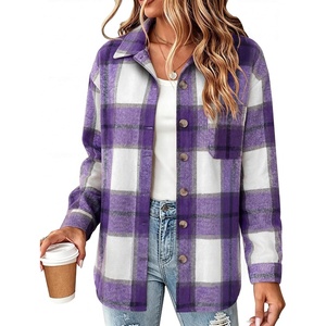 Zeagoo Women Flannel Shacket Jacket Plaid Button Down Long Sleeve Shirt(Purple-gz680)