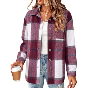 Zeagoo Women Flannel Shacket Jacket Plaid Button Down Long Sleeve Shirt(Red Plaid-gz543)