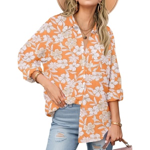 Zeagoo Womens Button Down Shirts Long Sleeve Casual Cotton Gauze Tops(Orange Tropical)