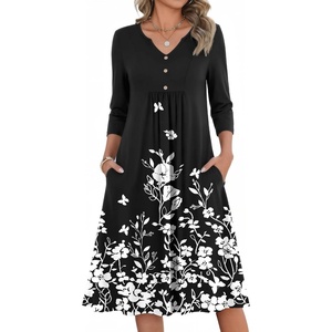 Zeagoo Womens Dresses 3/4 Sleeve Casual Fall A Line Midi Dress with Pockets(Black White Floral)