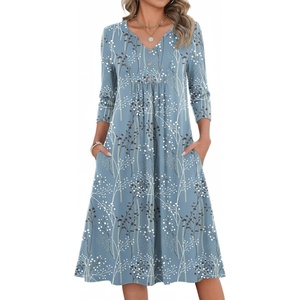 Zeagoo Womens Dresses 3/4 Sleeve Casual Fall A Line Midi Dress with Pockets(Blue Black Leaf)