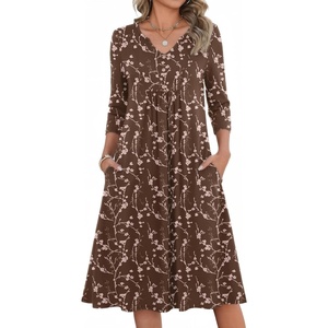 Zeagoo Womens Dresses 3/4 Sleeve Casual Fall A Line Midi Dress with Pockets(Brown Floral)