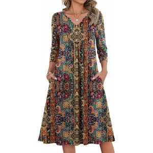 Zeagoo Womens Dresses 3/4 Sleeve Casual Fall A Line Midi Dress with Pockets(Ethnic Print 01)