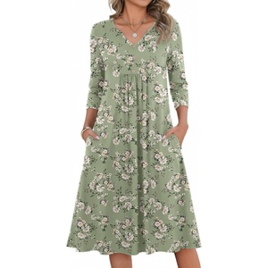 Zeagoo Womens Dresses 3/4 Sleeve Casual Fall A Line Midi Dress with Pockets(Green White Flower)