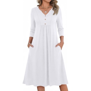 Zeagoo Womens Dresses 3/4 Sleeve Casual Fall A Line Midi Dress with Pockets(White)