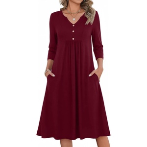 Zeagoo Womens Dresses 3/4 Sleeve Casual Fall A Line Midi Dress with Pockets(Wine Red)