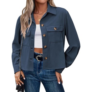 Zeagoo Womens Fashion Cropped Corduroy Shackets Button Down Jackets Tops Fall Trendy Lightweight Long Sleeve Shirts(Navy)
