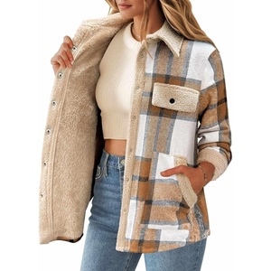 Zeagoo Womens Flannel Jacket Fleece Lined Shacket Fall Outfits Plaid Sherpa(Apricot)