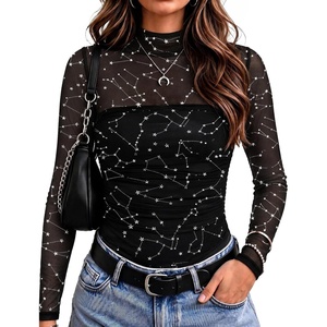 Zeagoo Women’s Mesh Long Sleeve Tops Mock Neck Ruched Sheer Blouse S-2XL(Black Star)