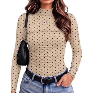 Zeagoo Women’s Mesh Long Sleeve Tops Mock Neck Ruched Sheer Blouse S-2XL(Cream Polka Dots)