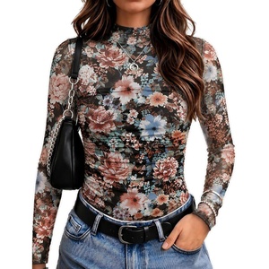 Zeagoo Women’s Mesh Long Sleeve Tops Mock Neck Ruched Sheer Blouse S-2XL(Floral Print)