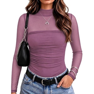 Zeagoo Women’s Mesh Long Sleeve Tops Mock Neck Ruched Sheer Blouse S-2XL(Fuchsia)
