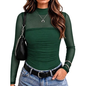 Zeagoo Women’s Mesh Long Sleeve Tops Mock Neck Ruched Sheer Blouse S-2XL(Green)