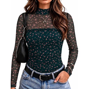 Zeagoo Women’s Mesh Long Sleeve Tops Mock Neck Ruched Sheer Blouse S-2XL(Green Floral)