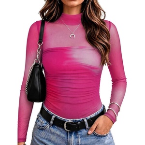 Zeagoo Women’s Mesh Long Sleeve Tops Mock Neck Ruched Sheer Blouse S-2XL(Hot Pink Tie Dye)