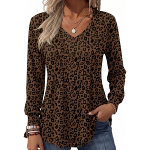 Zeagoo Women’s Puff Long Sleeve Shirts Pleated V Neck Fall Tunic Tops Blouse Dressy Casual Summer T-Shirts(Leopard 427)