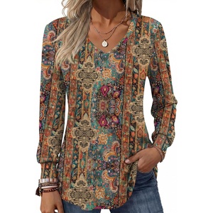 Zeagoo Women’s Puff Long Sleeve Shirts Pleated V Neck Fall Tunic Tops Blouse Dressy Casual Summer T-Shirts(Multicoloured 721)