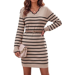 Zeagoo Women’s Sweater Dress Long Sleeve V Neck Short Mini Knitted Dress(Black Stripes)