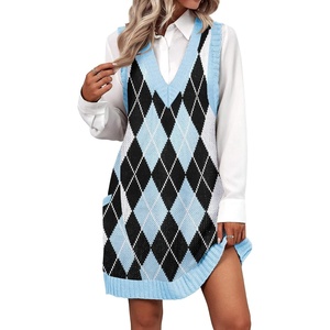 Zeagoo Womens Sweater Vest Dress Pattern Knitted Pullovers Sweaters V Neck Tank Sweater Dress with Pockets(Blue Argyle)