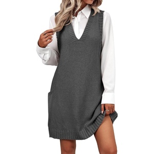 Zeagoo Womens Sweater Vest Dress Pattern Knitted Pullovers Sweaters V Neck Tank Sweater Dress with Pockets(Dark Grey)