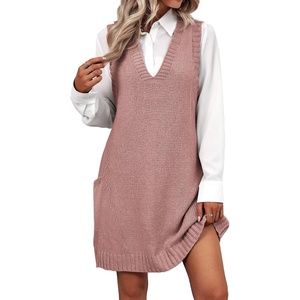 Zeagoo Womens Sweater Vest Dress Pattern Knitted Pullovers Sweaters V Neck Tank Sweater Dress with Pockets(Dusty Pink)