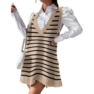 Zeagoo Womens Sweater Vest Dress Pattern Knitted Pullovers Sweaters V Neck Tank Sweater Dress with Pockets(Khaki Stripe)