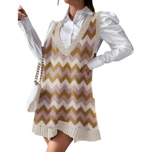 Zeagoo Womens Sweater Vest Dress Pattern Knitted Pullovers Sweaters V Neck Tank Sweater Dress with Pockets(Wavy Stripe Brown)