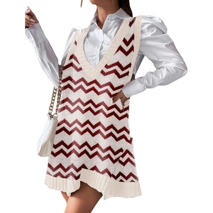 Zeagoo Womens Sweater Vest Dress Pattern Knitted Pullovers Sweaters V Neck Tank Sweater Dress with Pockets(Wavy Stripe Wine)