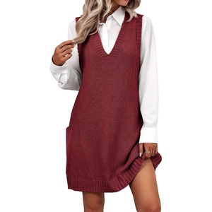 Zeagoo Womens Sweater Vest Dress Pattern Knitted Pullovers Sweaters V Neck Tank Sweater Dress with Pockets(Wine Red)