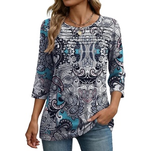 Zeagoo Womens Tops 3/4 Sleeve Blouses Dressy Casual Shirt Pleated Tunic(Bobo Blue 906)