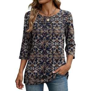 Zeagoo Womens Tops 3/4 Sleeve Blouses Dressy Casual Shirt Pleated Tunic(Bobo Navy 869)