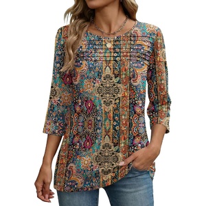 Zeagoo Womens Tops 3/4 Sleeve Blouses Dressy Casual Shirt Pleated Tunic(Boho Multicolor 721)