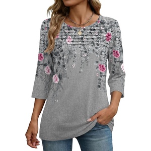 Zeagoo Womens Tops 3/4 Sleeve Blouses Dressy Casual Shirt Pleated Tunic(Floral Grey 36)