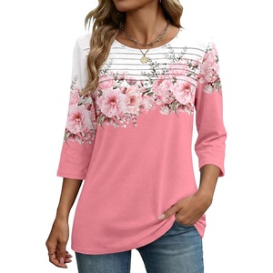 Zeagoo Womens Tops 3/4 Sleeve Blouses Dressy Casual Shirt Pleated Tunic(Floral Pink 122)