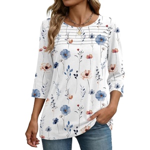 Zeagoo Womens Tops 3/4 Sleeve Blouses Dressy Casual Shirt Pleated Tunic(Floral White 290)