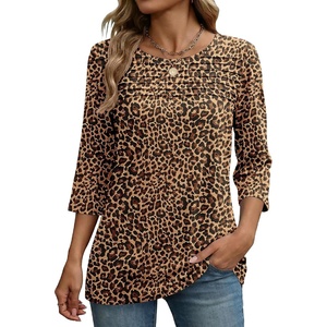 Zeagoo Womens Tops 3/4 Sleeve Blouses Dressy Casual Shirt Pleated Tunic(Leopard Brown 136)