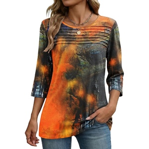 Zeagoo Womens Tops 3/4 Sleeve Blouses Dressy Casual Shirt Pleated Tunic(Printed Orange 272)