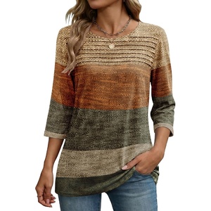 Zeagoo Womens Tops 3/4 Sleeve Blouses Dressy Casual Shirt Pleated Tunic(Stripes Brown 398)