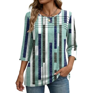 Zeagoo Womens Tops 3/4 Sleeve Blouses Dressy Casual Shirt Pleated Tunic(Stripes Green 530)