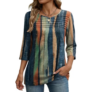 Zeagoo Womens Tops 3/4 Sleeve Blouses Dressy Casual Shirt Pleated Tunic(Stripes Multicolor 289)